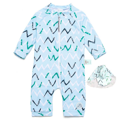 One-Piece Surf Wear With Matching Cap プリント 長袖水着 帽子セット【mh0013315】