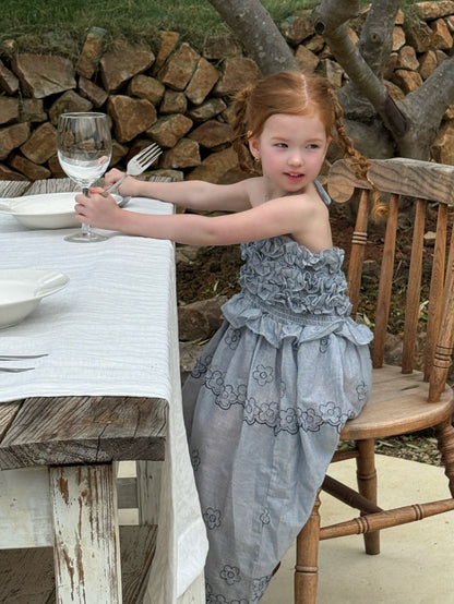 Smocked Halterneck Maxi Dress ストライプ フラワー刺繍 ノースリーブワンピース【mh0012825】