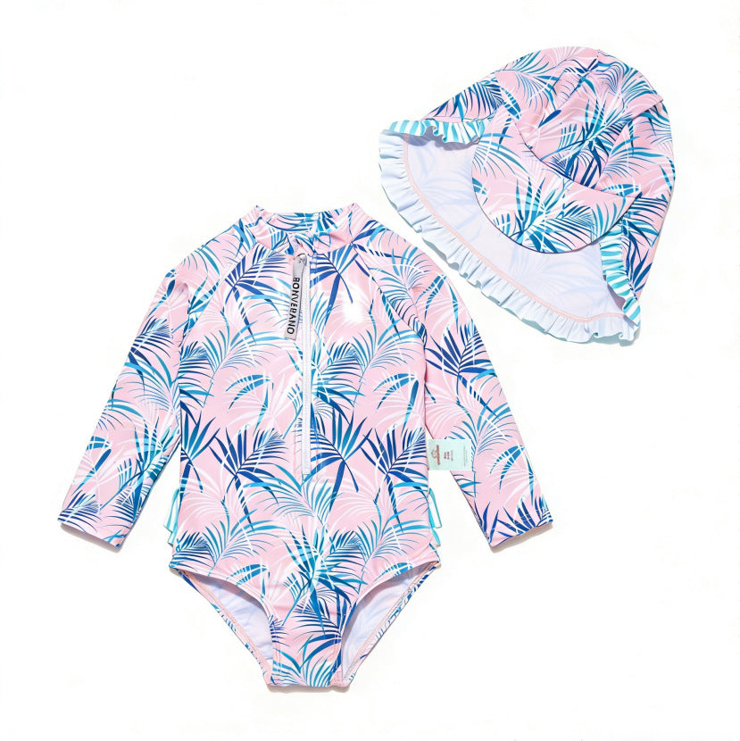Baby Girls One-piece Sun Protection Surf Suit ボタニカル 長袖水着 帽子セット【mh0013317】