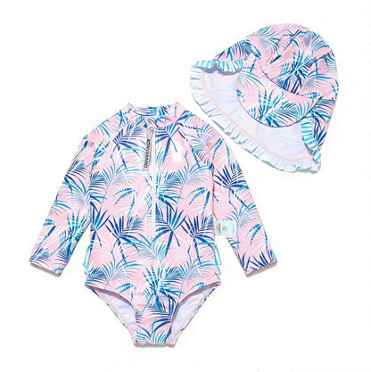 Baby Girls One-piece Sun Protection Surf Suit ボタニカル 長袖水着 帽子セット【mh0013317】