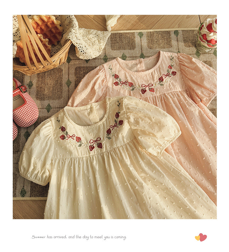 Strawberry Embroidery Dotted Cotton Dress いちご 半袖ワンピース【mh0013653】