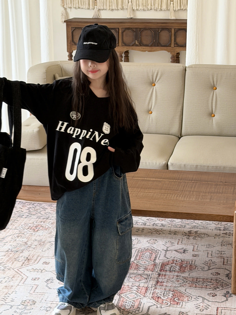 キッズ ジュニア 数字 英字 プリント ルーズ ビッグシルエット 長袖 Tシャツ【mh0014473】