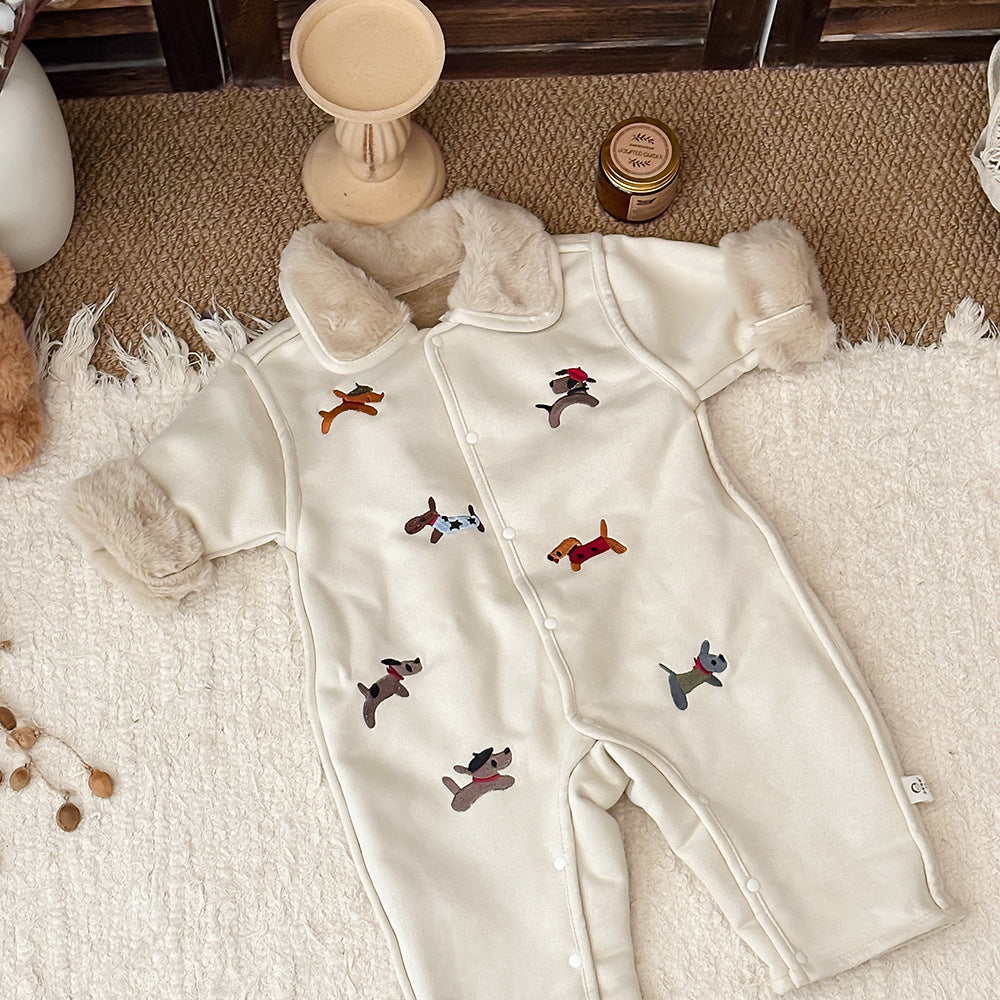 アウタージャンプスーツ 犬刺繍 ボア襟 フェイクムートン カバーオール【mh0011694】