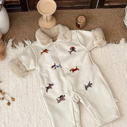 アウタージャンプスーツ 犬刺繍 ボア襟 フェイクムートン カバーオール【mh0011694】