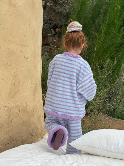 ルームウェア ボーダー もこもこフリース パジャマセットアップ 2点セット【mh0011745】