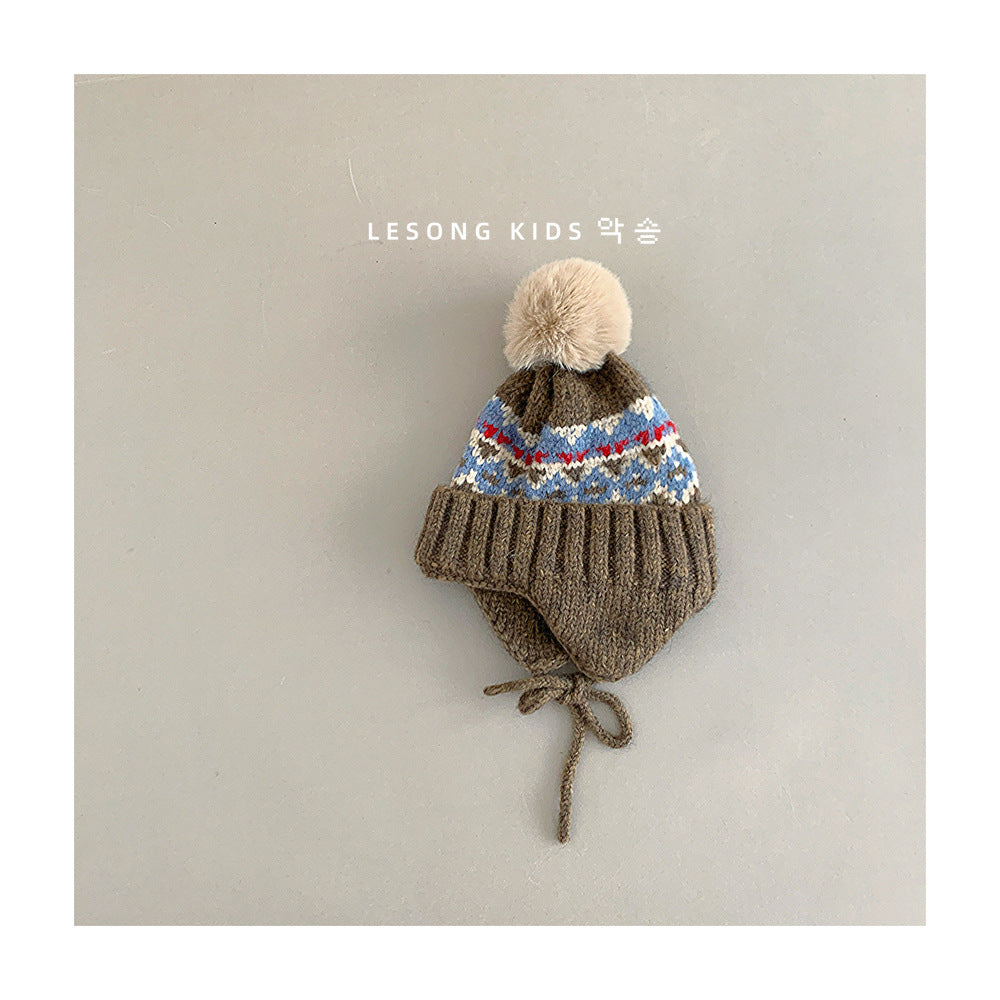 キッズ帽子 ニット トライバル ぽんぽん 耳当て付き ニットキャップ【mh0011839】