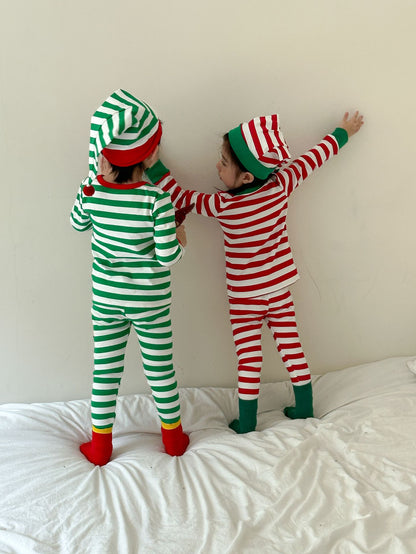 Kids' striped long-sleeve T-shirt, easy-fit long pants, and pom-pom motif cap: 3-piece set【mh0008100】