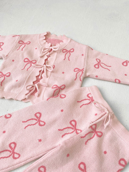 ジャカードニットセットアップ リボン ピンク フリル カーディガン ニットパンツ【mh0011854】