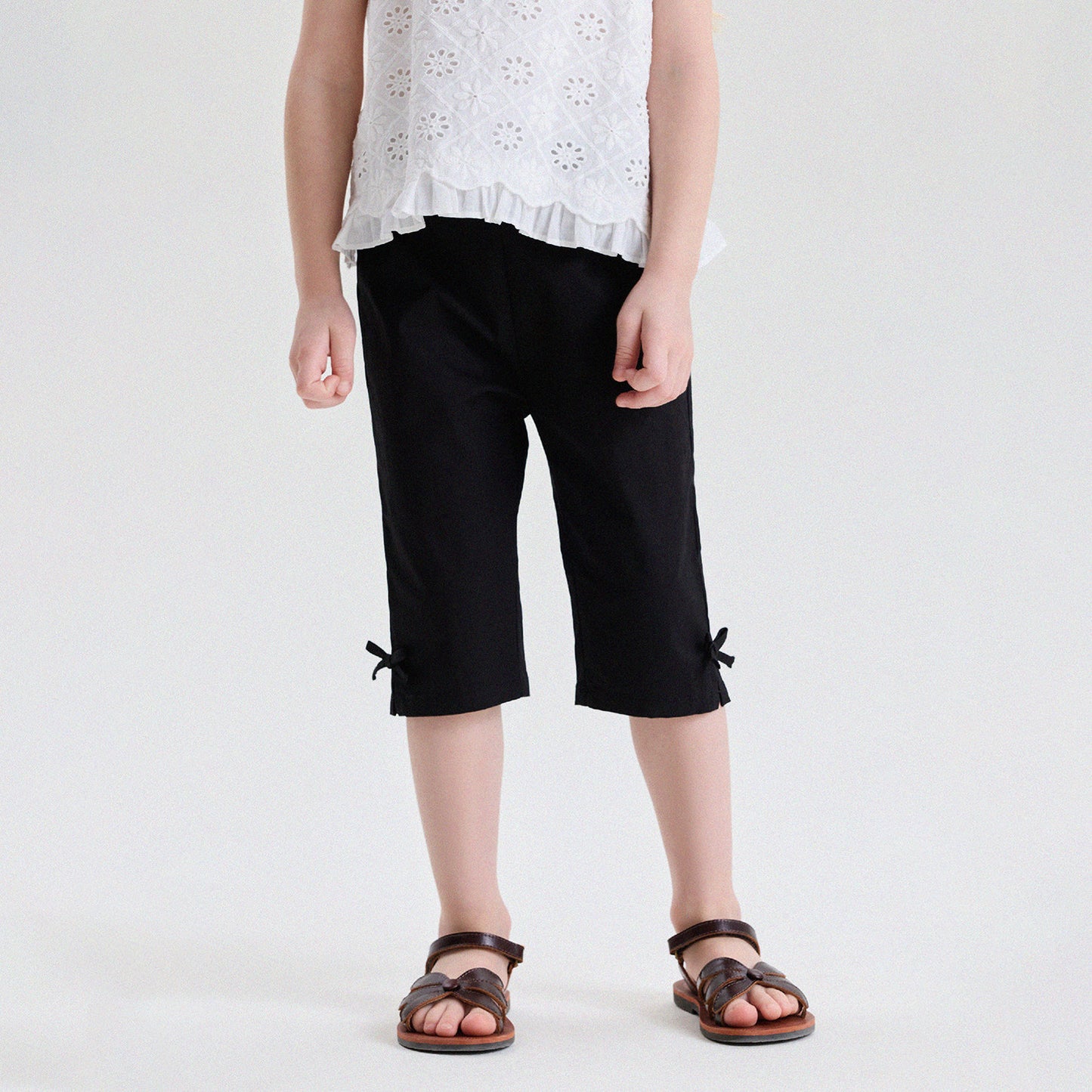キッズ 無地 リボン 裾スリット クロップドパンツ【mh0013773】