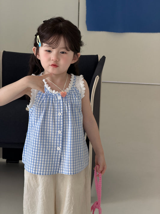 Gingham Lace Sleeveless Shirt チェック ノースリーブブラウス【mh0013117】