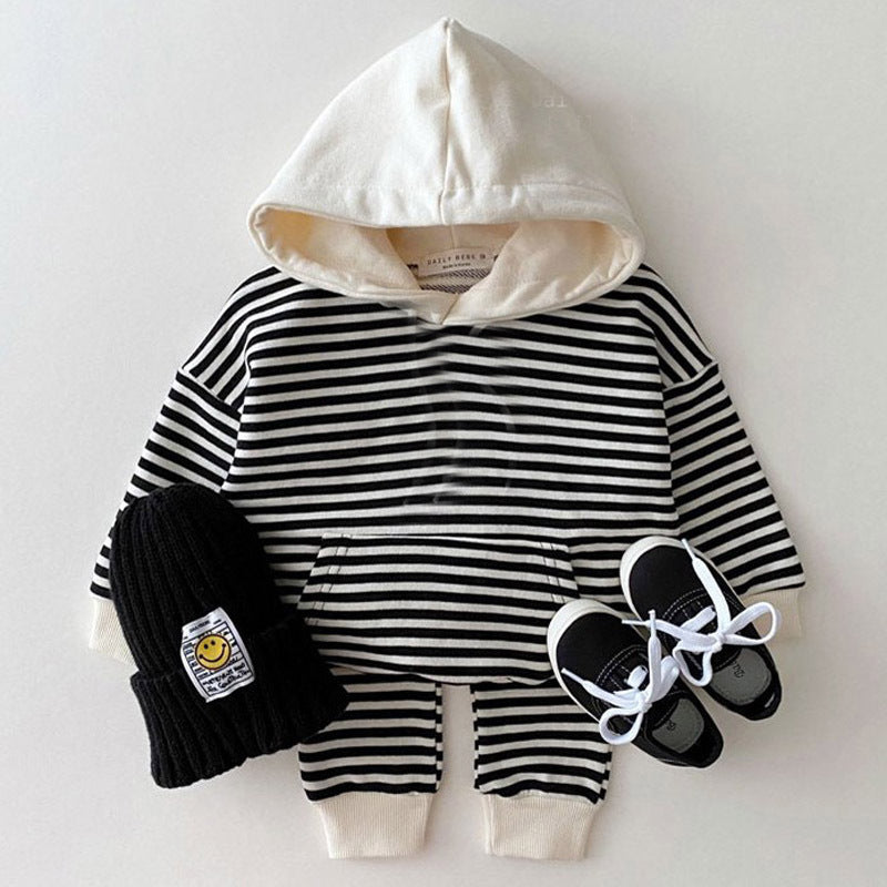 Baby Border Hooded Kangaroo Pocket Hoodie and Long Pants Set [mh0000631]