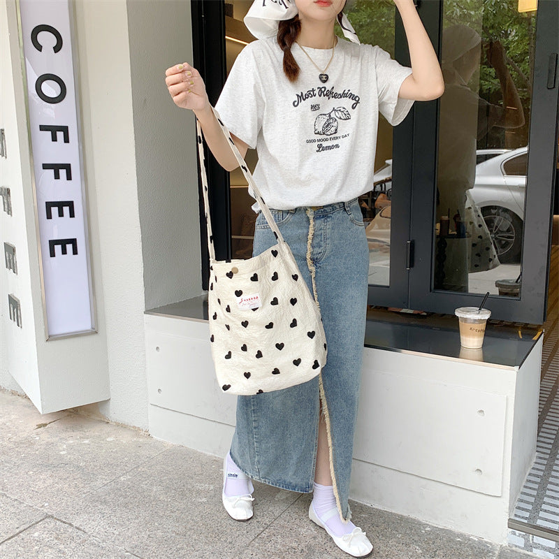 Canvas Heart Print Tote Bag Shoulder Bag Crossbody Bag Diaper Bag [mh0004200]