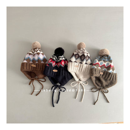 キッズ ニット帽 ノルディック柄 耳当て付き ボンボン 韓国風【mh0011593】