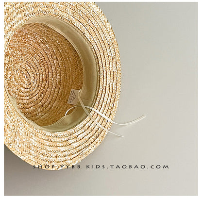 Kids' Logo Ribbon Straw Hat with Chin Strap Boater Hat [mh0000861]