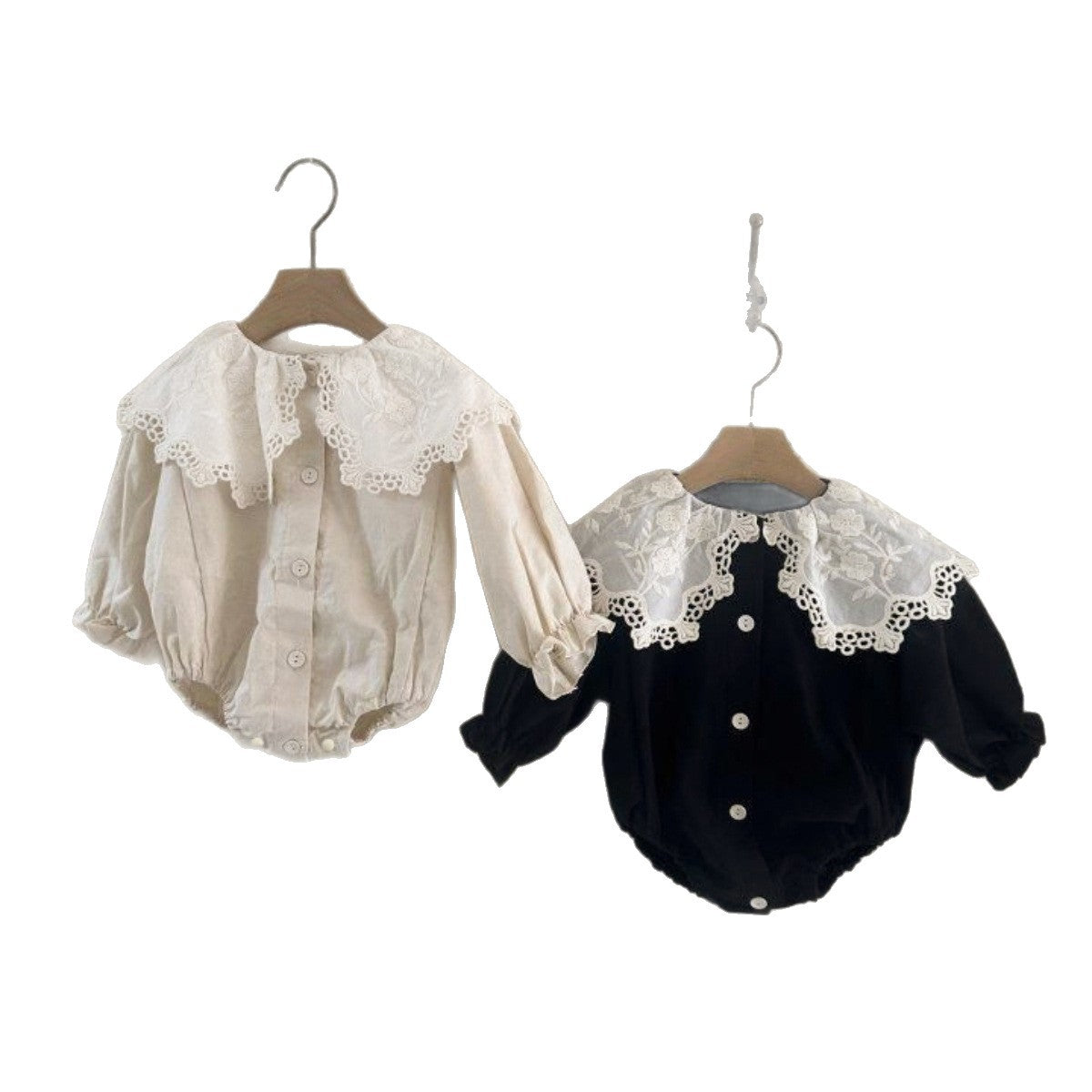 長袖ロンパース レース襟 ボリューム袖 フロントボタン ボディスーツ【mh0011630】