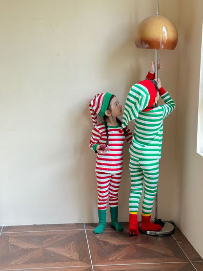 Kids' striped long-sleeve T-shirt, easy-fit long pants, and pom-pom motif cap: 3-piece set【mh0008100】