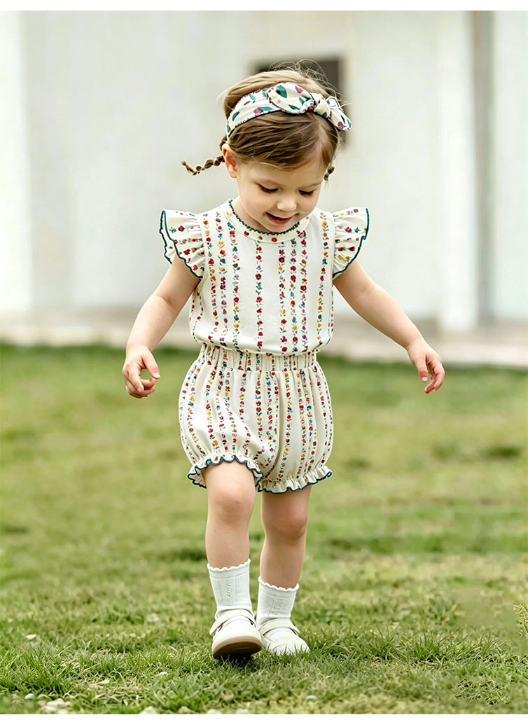 Floral Striped Ruffle Blouse Bow Collar Shirt Bloomers ボタニカル 半袖ブラウス ノースリーブシャツ ブルマパンツ【mh0013490】