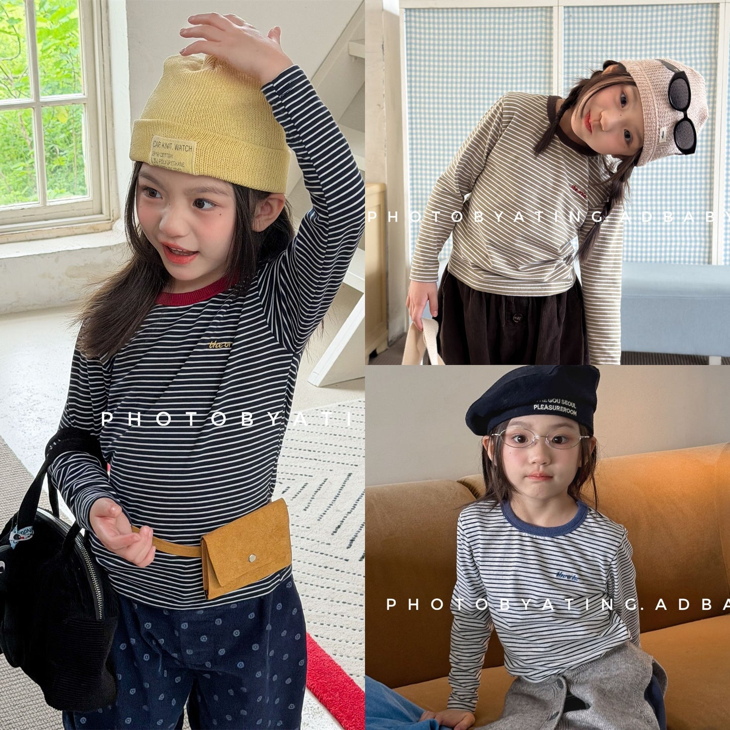 キッズ ボーダー柄 クルーネック 配色ライン 刺繍 長袖Tシャツ【mh0014052】