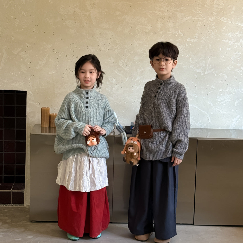 -スタンドネックボタン付きニットセーター スタンドカラーハイネックトップス【mh0010966】 - mamahalo shop - ニット・セーター -  べビー服 - 子供服 - 男の子 - 女の子