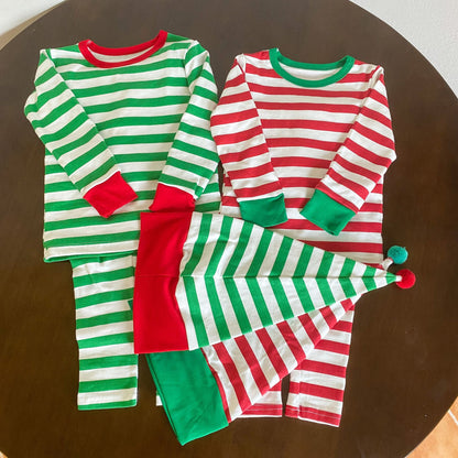 Kids' striped long-sleeve T-shirt, easy-fit long pants, and pom-pom motif cap: 3-piece set【mh0008100】