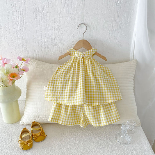 Gingham Halter Set チェック ノースリーブシャツ ショートパンツ セット【mh0013424】