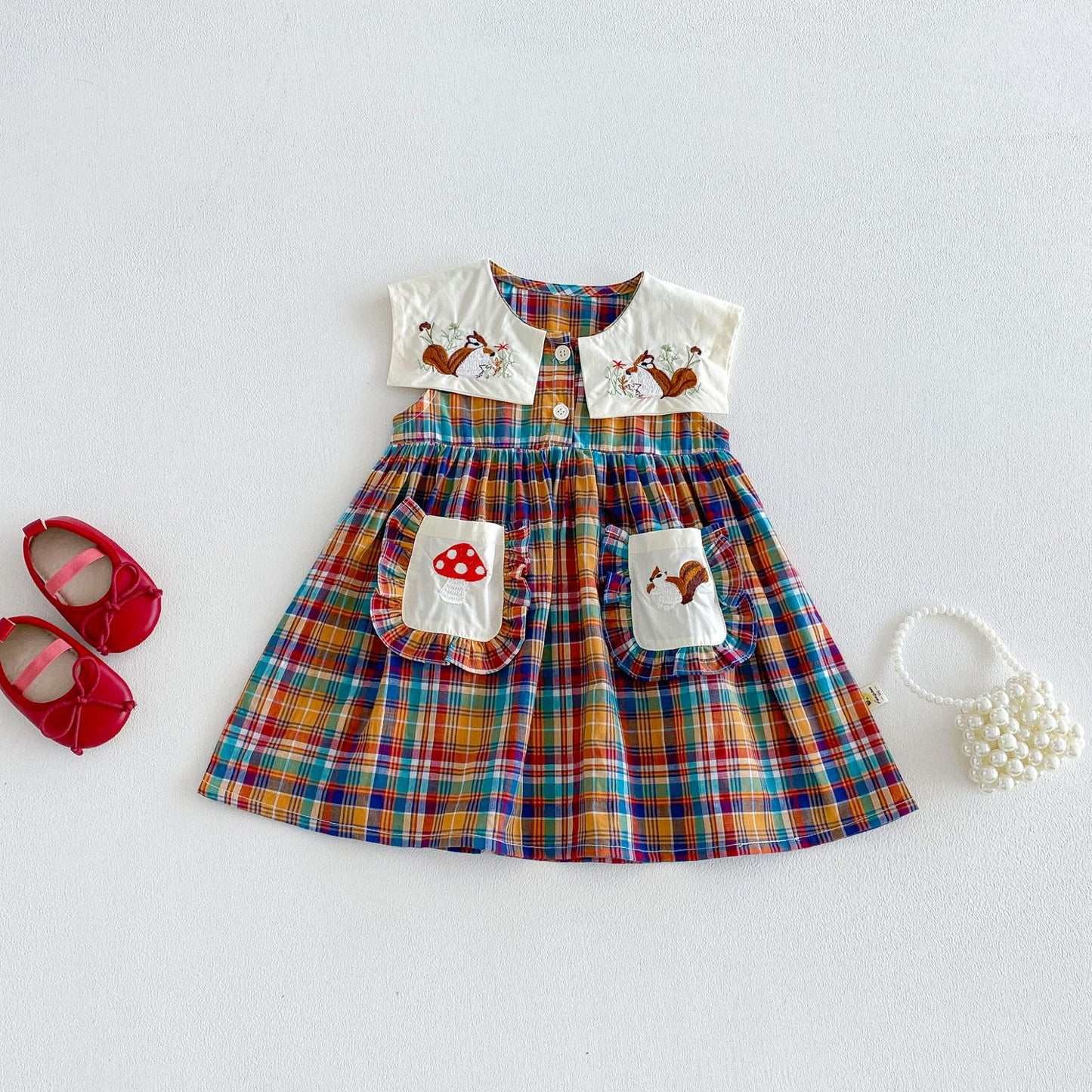 キッズ チェック 刺繍 ポケット ノースリーブ ワンピース【mh0013848】