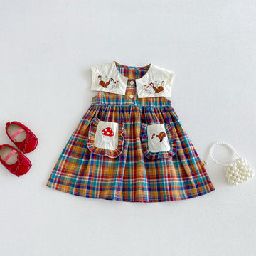 キッズ チェック 刺繍 ポケット ノースリーブ ワンピース【mh0013848】