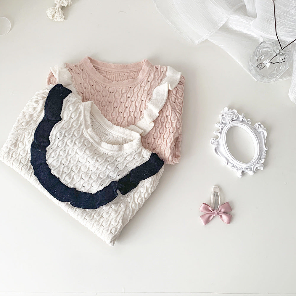 Baby Kids Openwork Knit Ruffled Summer Top Backless Short Sleeve T-Shirt [mh0002013]