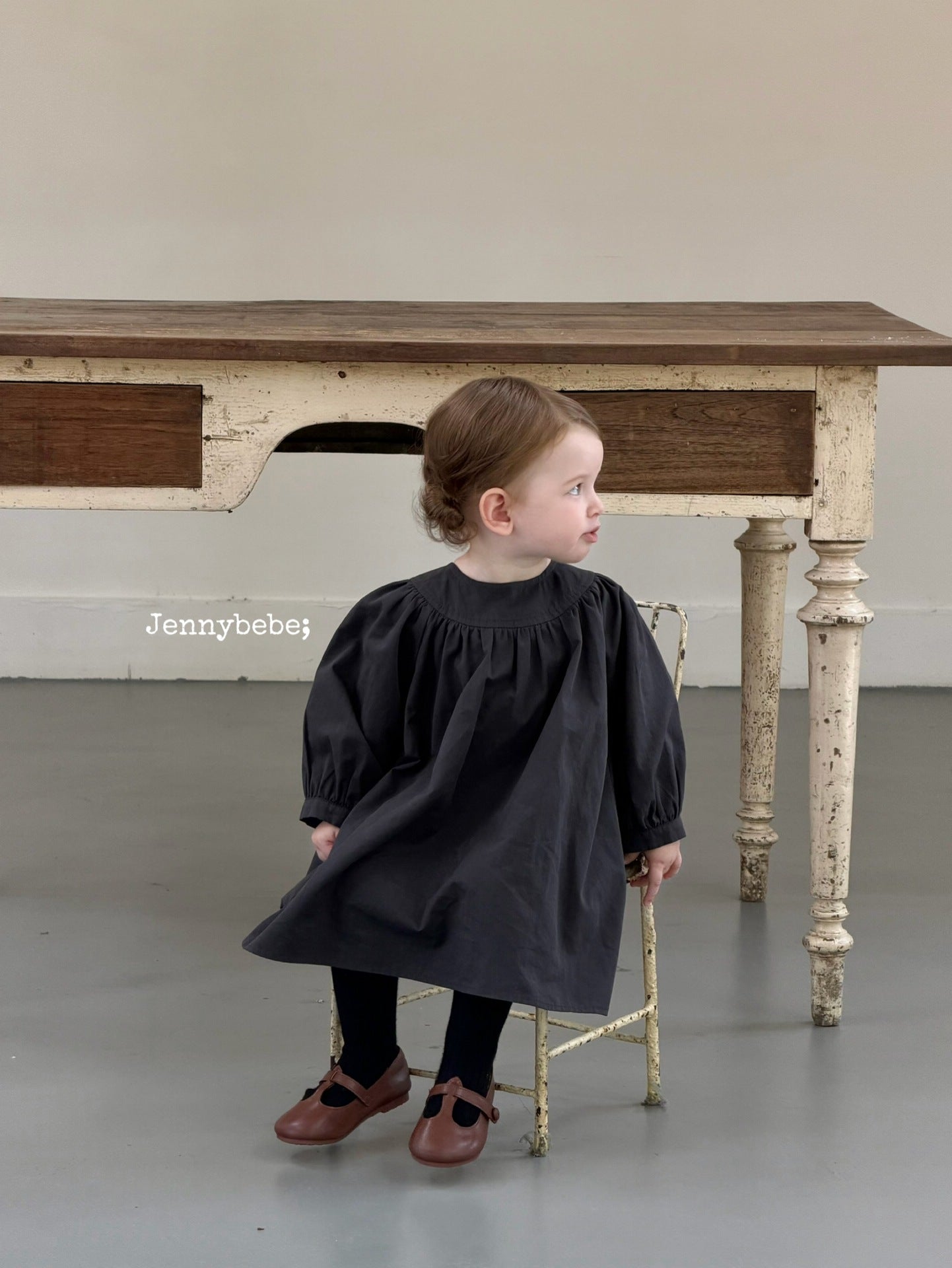 Kids' Plain Long-Sleeved Back-Button Gathered-Waist Flared Dress