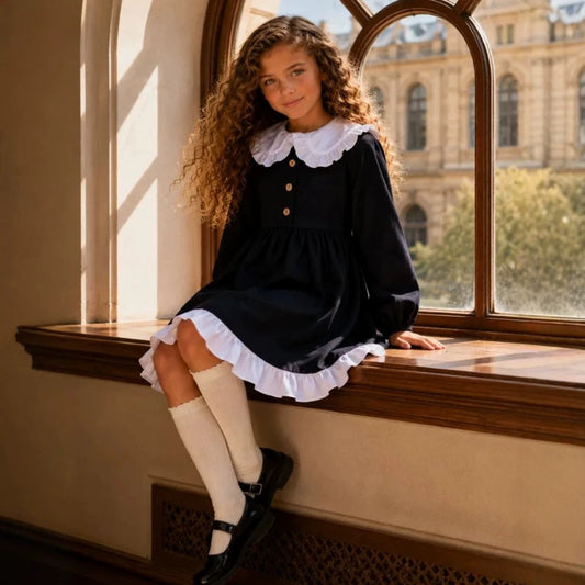 2027 INS Rusia Vestido sencillo de lino y algodón para niña con cuello de muñeca y encaje, vestido de princesa estilo JK infantil【mh0014746】