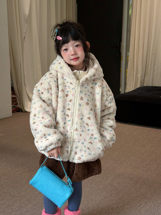 Children's 2026 Girls' Floral Lamb Shearling Hooded Jacket, Thickened Cotton-Padded Children's Coat, Warm Zipper Jacket【mh0014699】