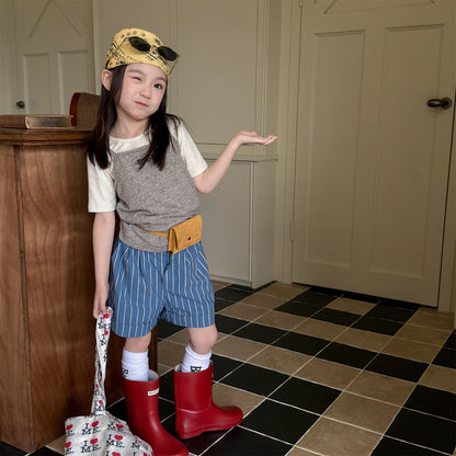 青い縦ストライプ コットン ショートパンツ、ボタン留めとゴムウエスト