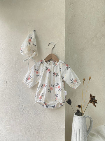 Flower Embroidered Romper with Bonnet 花柄 刺繍 ロンパース ボンネット【mh0012670】