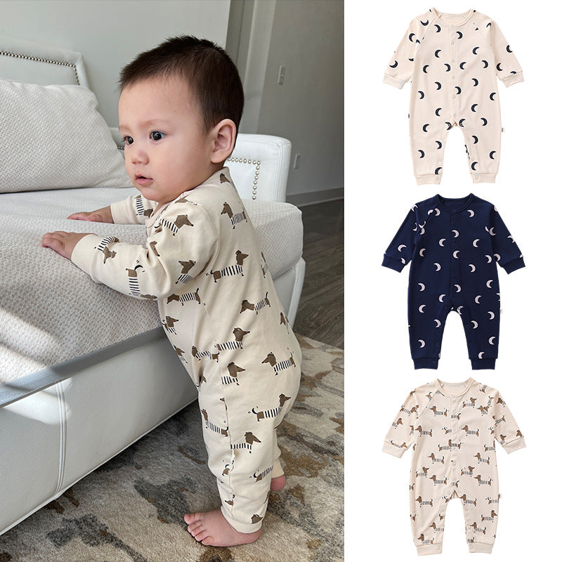 -ムーン/ドッグプリント長袖ロンパース【mh0010752】 - mamahalo shop - 長袖ロンパース -  べビー服 - 子供服 - 男の子 - 女の子