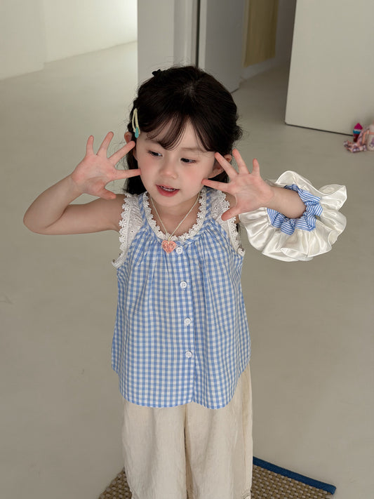 Gingham Lace Sleeveless Shirt チェック ノースリーブブラウス【mh0013117】