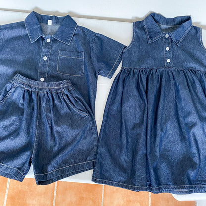 デニムノースリーブワンピース＆デニム半袖シャツ・ショートパンツ
