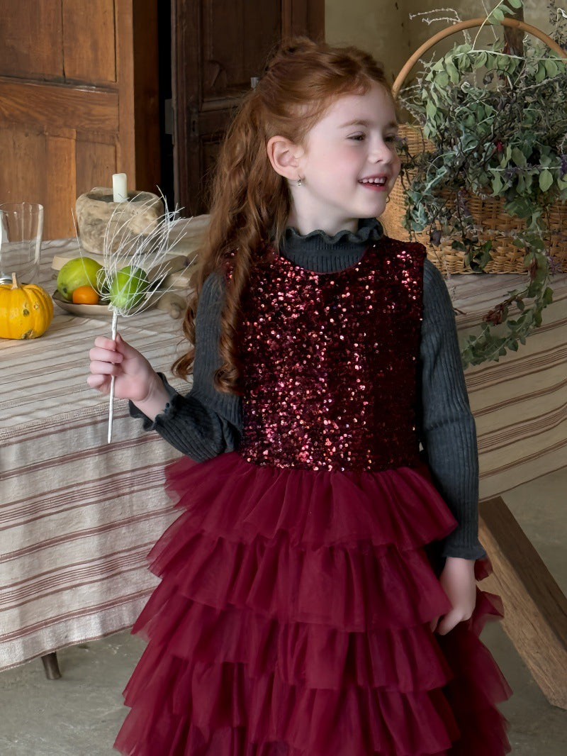 ノースリーブワンピース スパンコール メッシュチュチュスカート ドレス【mh0011894】