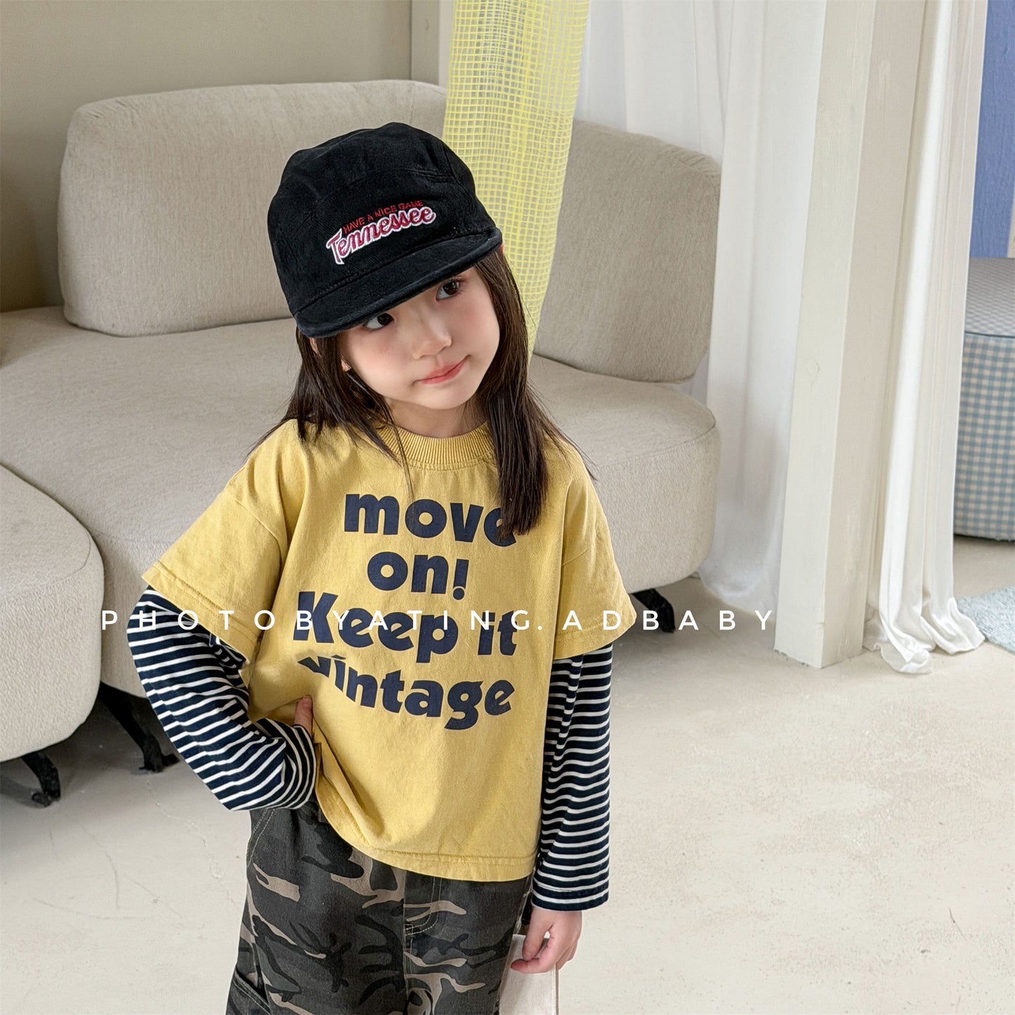 キッズ ボーダー レイヤード風 英字プリント ルーズ 長袖Tシャツ【mh0014068】