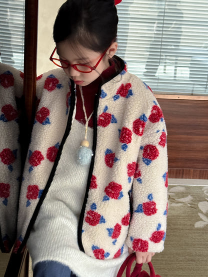 ボアジャケット キッズ フラワープリント 厚手 スタンドカラー カジュアル ジップアウター【mh0011686】