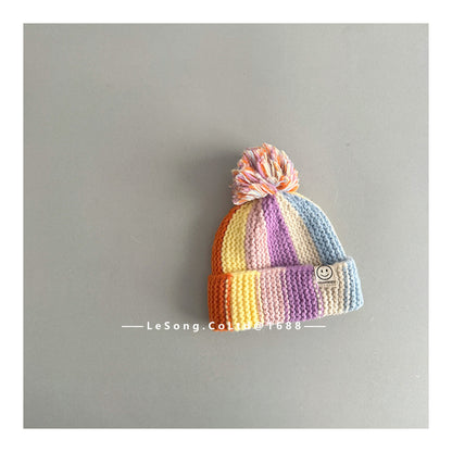 キッズ帽子 カラフルストライプ ニットキャップ ぽんぽん ビーニー【mh0011847】