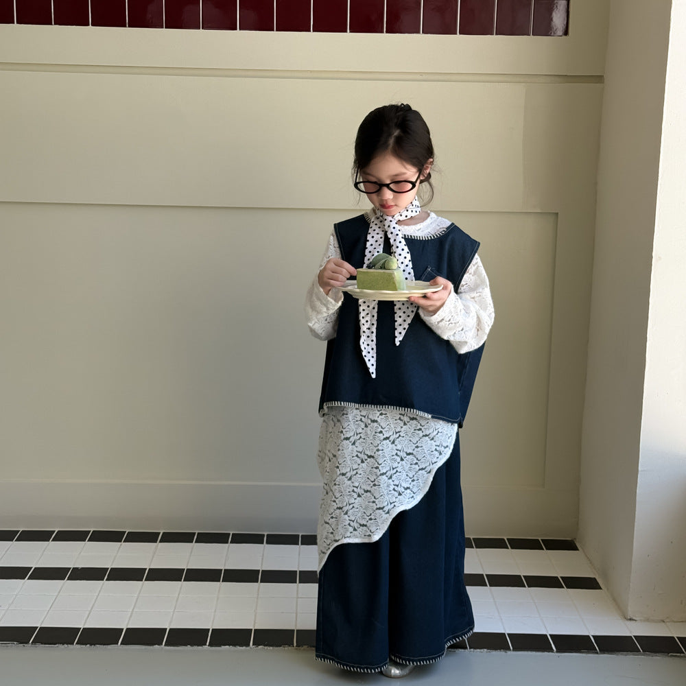 -デニムベスト+ワイドパンツセットアップ 2点セット/レースアシメ重ね着長袖ワンピース【mh0010969】 - mamahalo shop - ノースリーブセットアップ -  べビー服 - 子供服 - 男の子 - 女の子