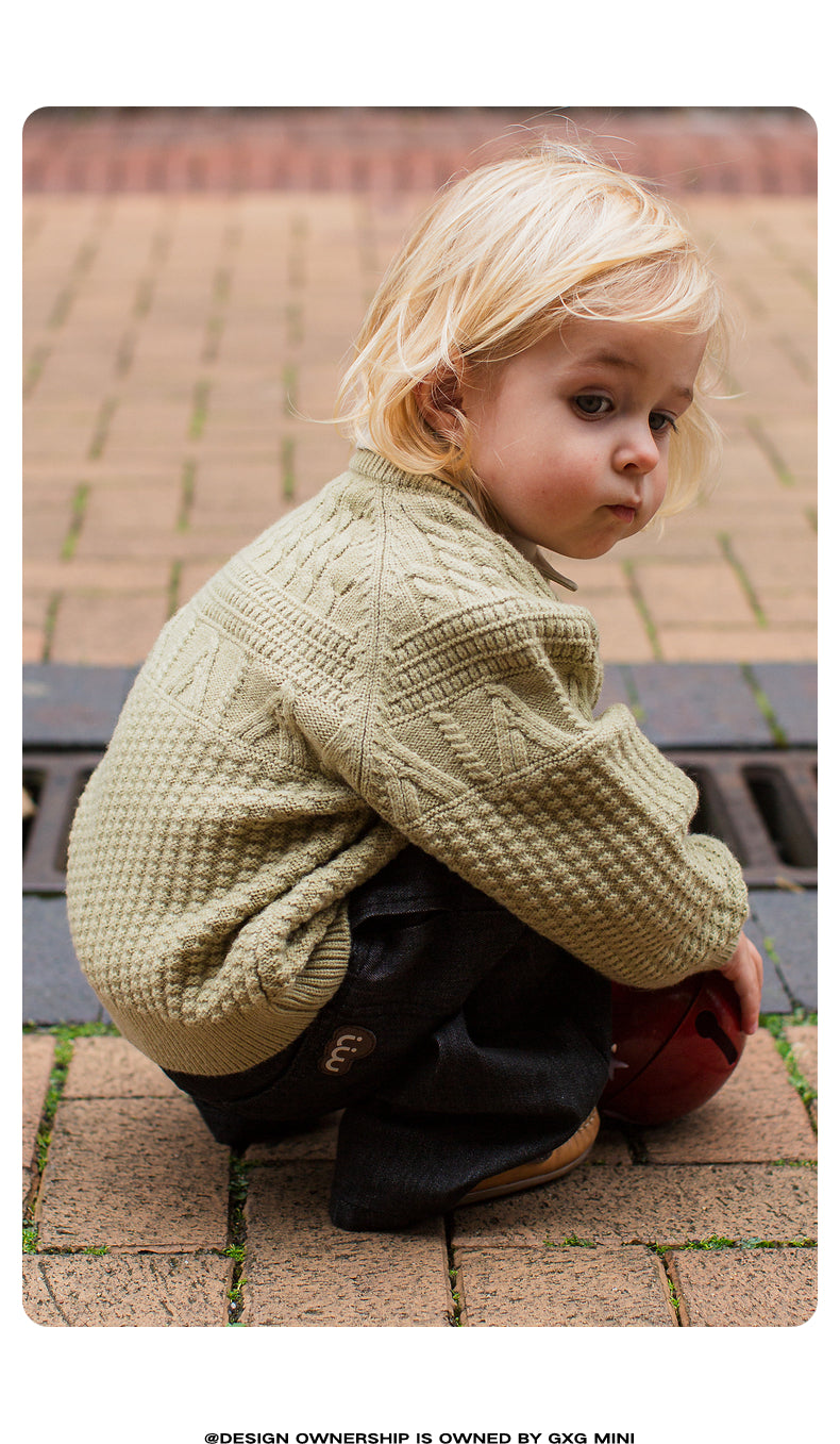 -長袖ニットセーター ケーブル編み リブ編み クルーネック プルオーバー【mh0011305】 - mamahalo shop - ニット・セーター -  べビー服 - 子供服 - 男の子 - 女の子