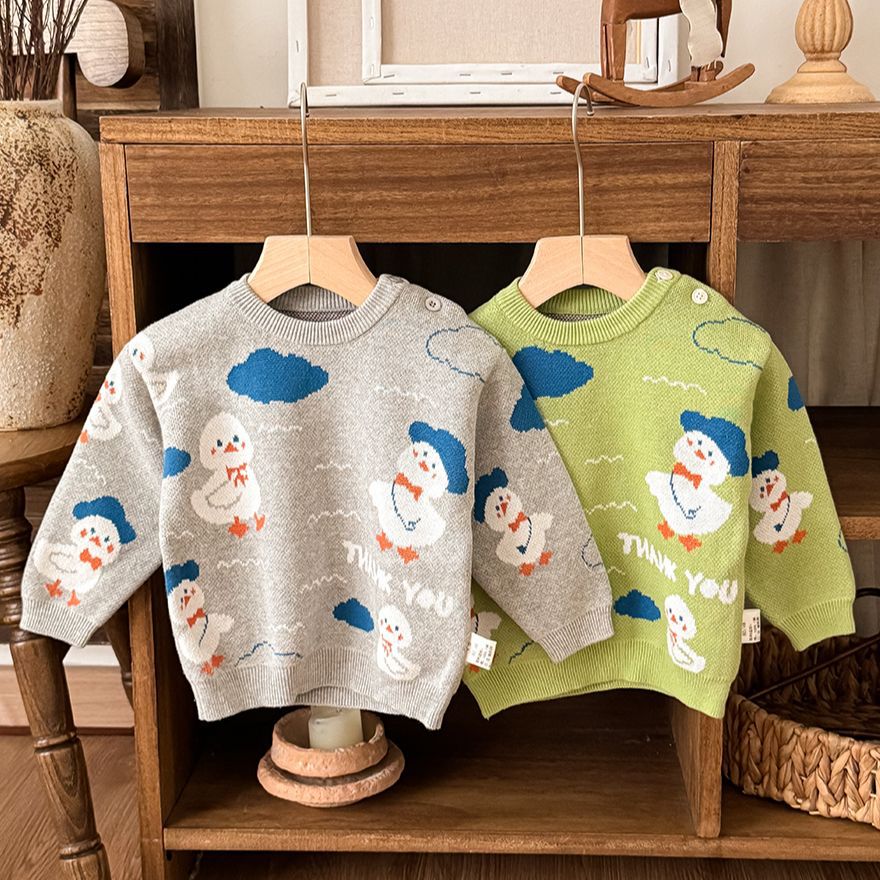 ニットセーター アヒル柄 厚手 クルーネック コットン ルーズフィット【mh0011690】