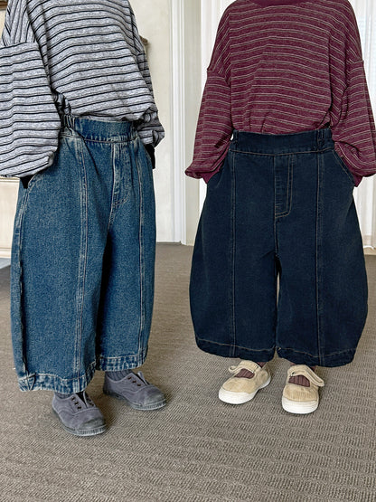キッズ デニムパンツ パッチワーク風 ウォッシュ加工、ワイドルーズシルエット（ブルー）