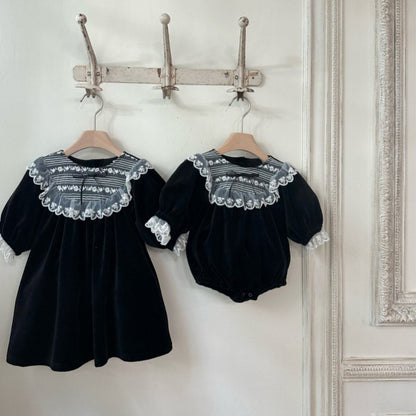 長袖ワンピース ベロア レースリボン パフスリーブ ドレス フォーマル【mh0011635】