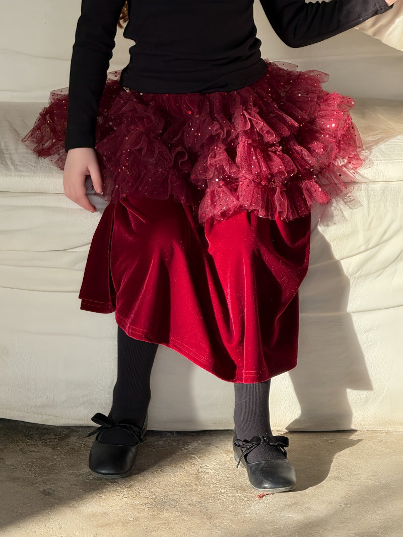 ハイネック長袖Tシャツ/ベルベッドメッシュドッキングスカート【mh0011888】