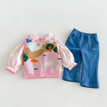 Kids' Jacquard Knit Vest, Frill Long-Sleeved Shirt, Denim Pants [mh0014038]