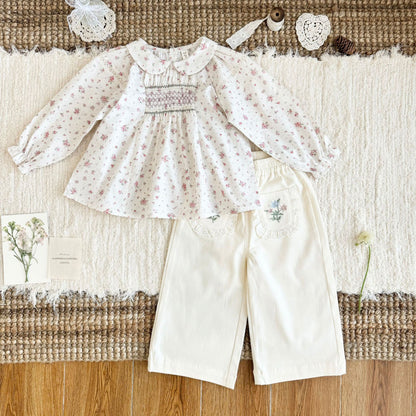 Kids' Floral Smock Ruffled Long-Sleeve Blouse【mh0014610】