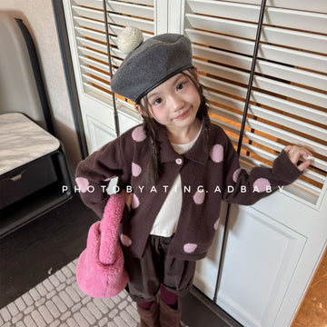 Cárdigan de punto de manga larga con cuello y botones delanteros y lunares para niños【mh0014056】