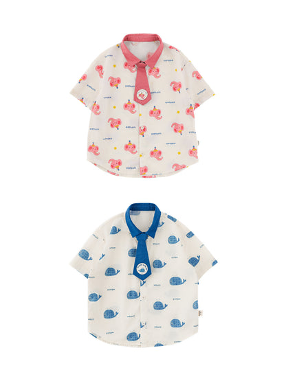 Elephant Whale Shirt ネクタイ付 アニマル 半袖シャツ【mh0012735】